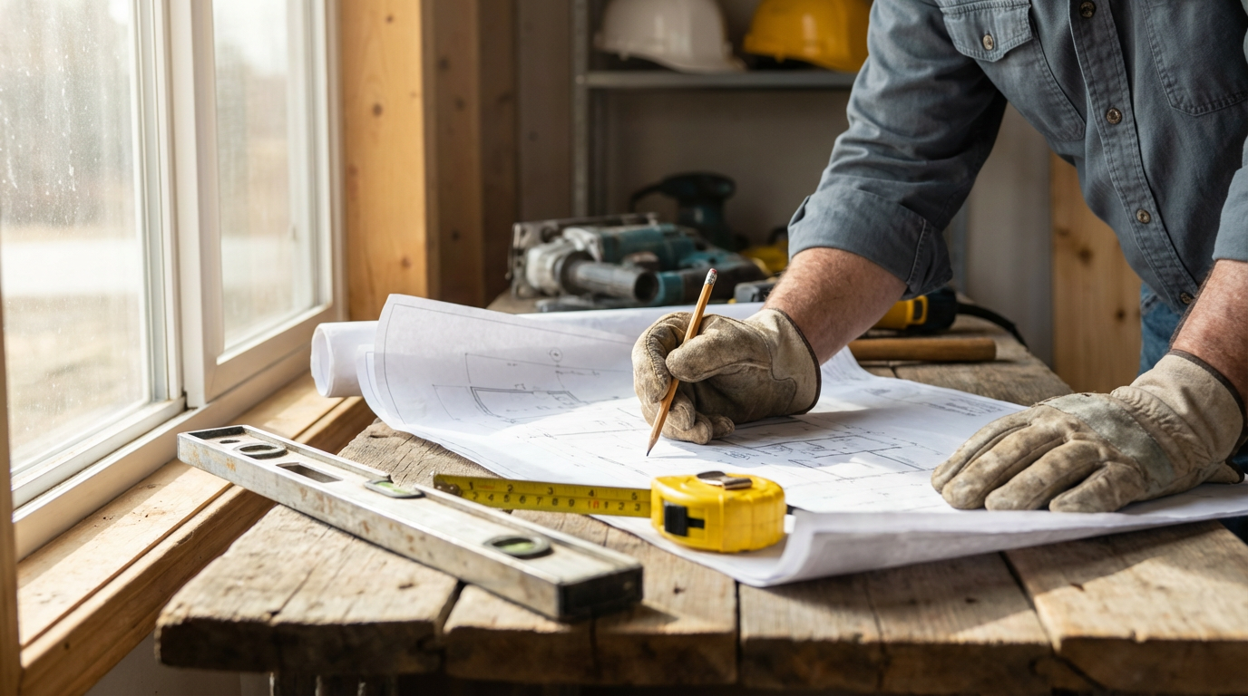 Contractor working on blueprints